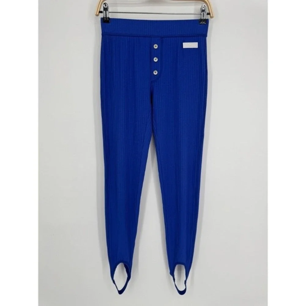 GANNI Ribbed Knit Two Piece Set Size Small Blue‎ Turtleneck Top Stirrup Leggings